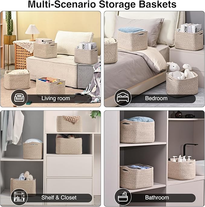 ICERZCZ Small Storage Baskets for Shelves Organizing, Woven Cotton Rope Baskets for Storage, Book Basket, Decorative Shelf Basket, 12.5"Lx9.1''Wx7.9''H (4 Packs) Brown