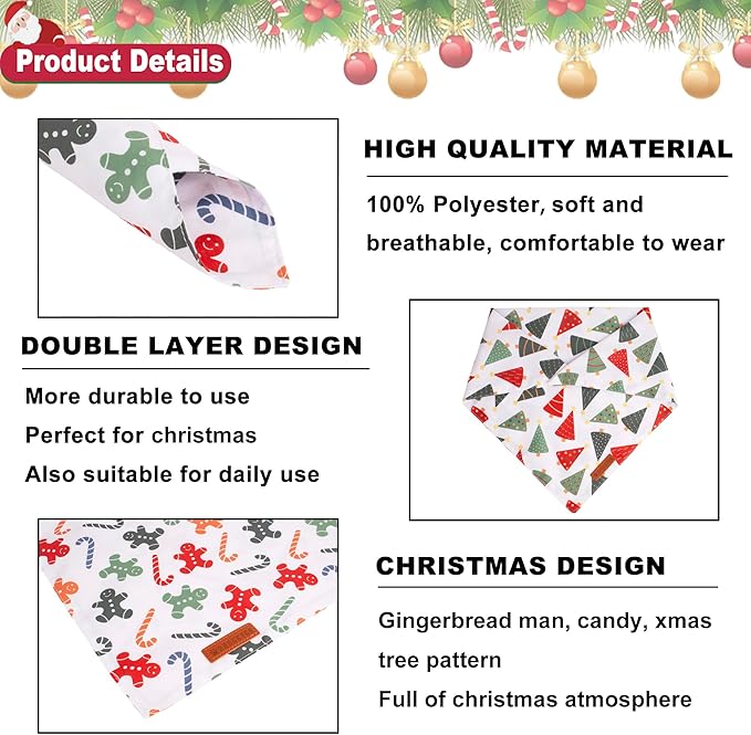 ADOGGYGO Christmas Dog Bandanas, Xmas Tree Candy Scarf, Premium Durable Fabric, White Christmas Bandanas for Extra Large Dogs Pets (X-Large)