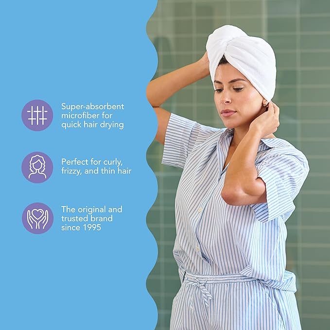 Turbie Twist 2-Pack Microfiber Hair Towel for Beauty, Travel, Gifting - Wrap Turban for Straight, Wavy & Curly Hair - Premium Personal Care - Antique White & Moonbeam
