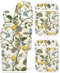 Cotton Oven Mitts and Pot Holders Sets - Quilted Lining Heat Resistant 4 Pieces Set with Hanging Loop Cute Farmhouse Boho Spring Kitchen Decor and Accessories, Lemon Bird