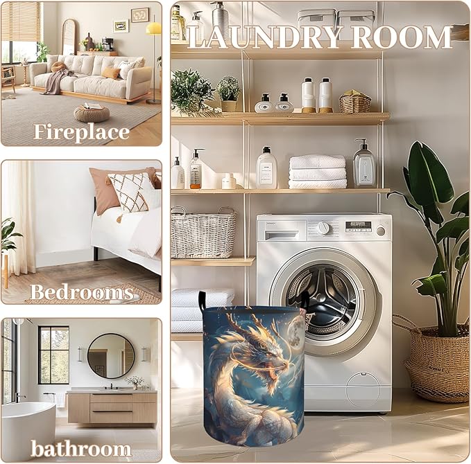 ainori Mythical Dragon Floral Laundry Basket, Oxford Cloth Fantasy Dirty Clothes Collapsible Hamper for Room Decor, Moon and Flower Print Gifts Toy Organizer 19.7*15.8 Inch for Bedroom Bathroom Dorm