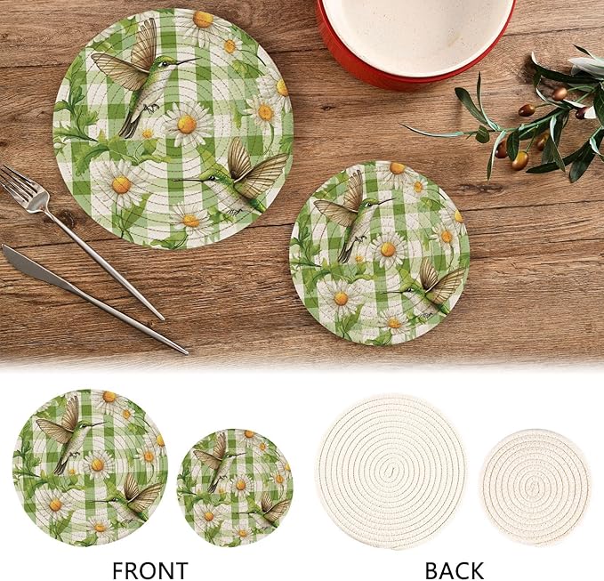 Sage Green Dandelions Trivets for Hot Dishes Pots and Pans Potholders Woven Trivet Cotton Round Large Pot Holder Decor Heat Resistant Hot Pads Mat for Table Counter Cooking Potholder Set of 2 (