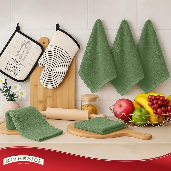RIVERSIDE Bar Mop Towels Pack of 12, 16x19 Inches, 100% Ring Spun Cotton Terry Cloth Kitchen Towel, Highly Absorbent & Reusable Multipurpose Cleaning Rags for Bathroom, Hotel, Restaurant, Sage Green