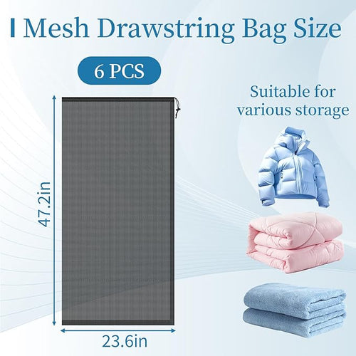 6PCS Black Mesh Bag Drawstring, 23 x 47 Inch Net Bag with Lock, Multipurpose Storage Bags for Gym, Laundry, Balls, Beach and Toys