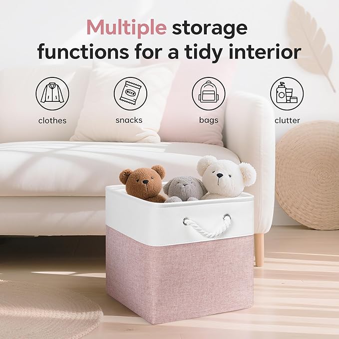 ECDYQXVU 13x13 Inch Cube Storage Bins with Reinforced Bottom Cardboard, 6 Pack Large Foldable Fabric Storage Cubes with Handles for Shelf, Closet, Laundry Organization (White&Pink)