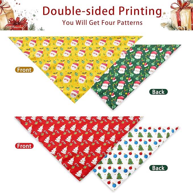 Christmas Dog Bandanas Reversible 2 Pack, Cute Santa Claus Xmas Tree Christmas Pet Bandanas Set Adjustable Triangle Winter Xmas Holiday Scarves for Medium Large Extra Large Boy Girl Dogs