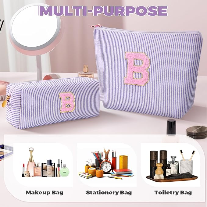Btffitting Bridesmaid Gifts Wedding Day - Bridal Shower Gifts,Maid of Honor Gifts,Initials Makeup Bag Set Cosmetic Bag - Lavender,B