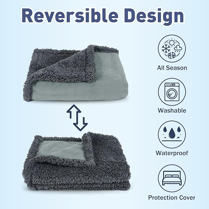 Kritter Planet Waterproof Pet Blanket for Bed, Reversible Sherpa Fleece Protector Couch Cover for Pets, Liquid Proof Furniture Protector for Medium Large Dogs