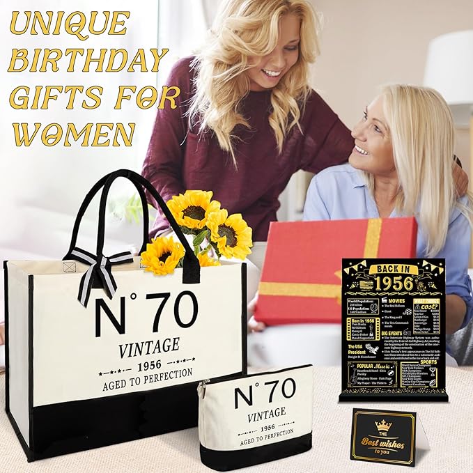 YeohJoy 70th Birthday Gifts for Women Canvas Tote Bag Travel Gear, Unique 70 Years Old Gifts for Wife Mom Sister Aunt Friends Her, Vintage N°70 Handbag & Cosmetic Bag & Back in 1956 Poster