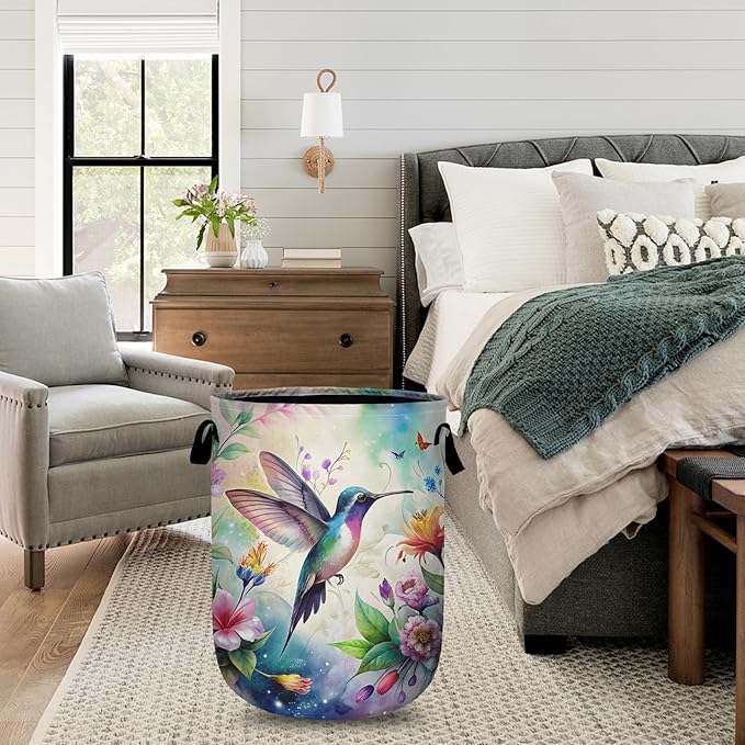 Flower Bird Laundry Basket with Sturdy Handles, Colorful Floral Collapsible Oxford Cloth Laundry Hamper Organizer Basket for Bathroom Bedroom 15.7x20 Inch