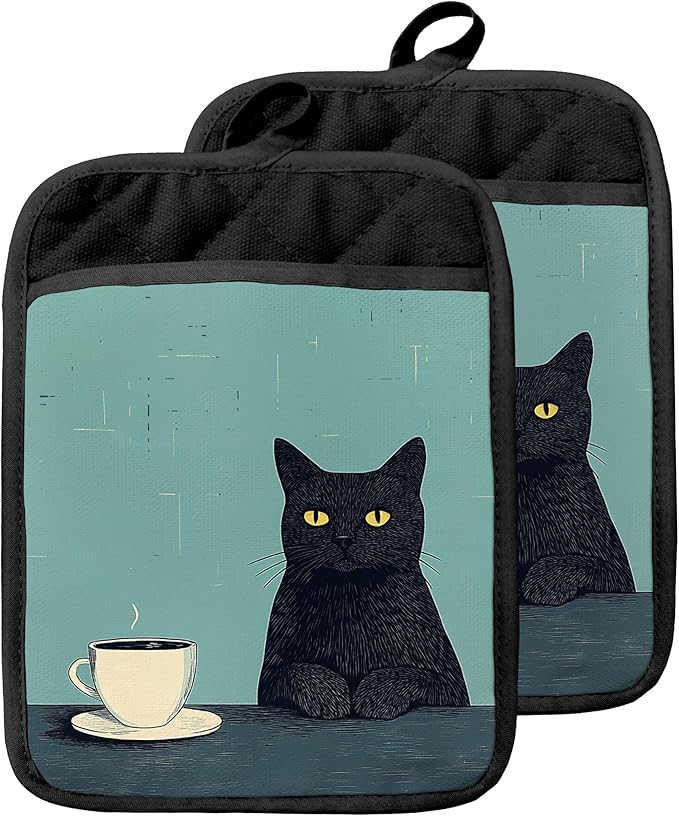 Turquoise Coffee Black Cat Pot Holders with Pockets, Cat Kitchen Decor, Vintage Quirky Black Kitten Oven Pot Holders Heat Resistant Oven Mitts Hot Pads for Kitchen Baking Cooking