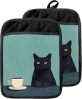 Turquoise Coffee Black Cat Pot Holders with Pockets, Cat Kitchen Decor, Vintage Quirky Black Kitten Oven Pot Holders Heat Resistant Oven Mitts Hot Pads for Kitchen Baking Cooking
