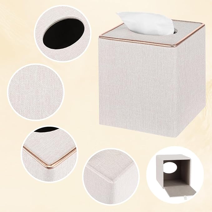 2 Pack Square Linen Tissue Box Covers, Beige Cube Tissue Holder with Magnetic Bottom & Flannel Lining, Decorative Modern Organizer for Home Office Car Vanity