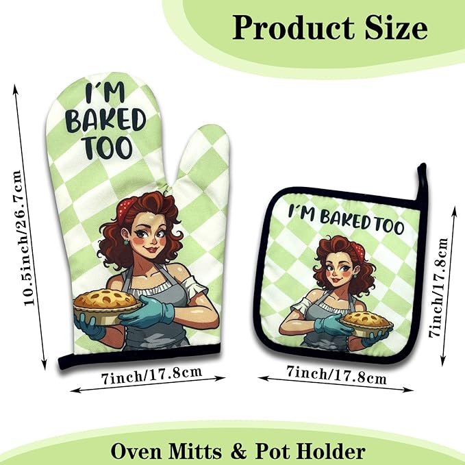 Funny Baking Oven Mitts and Pot Holders Set of 3, I'm Baked Too, Heat Resistant Non-Slip Kitchen Mitts Hot Pads, Baking Gifts for Hostess, Sweet Housewarming Gifts for Mom Wife Bake Lover
