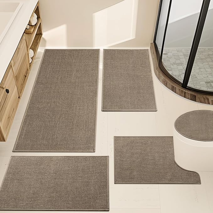 YIHOUSE Brown Bathroom Rug Sets 5 Piece, Dark Beige Absorbent Bath Mat for Bathroom Non Slip Washable,Bath Room Mat Quick Dry, Thin Bath Rug Set for Toilet and Floor