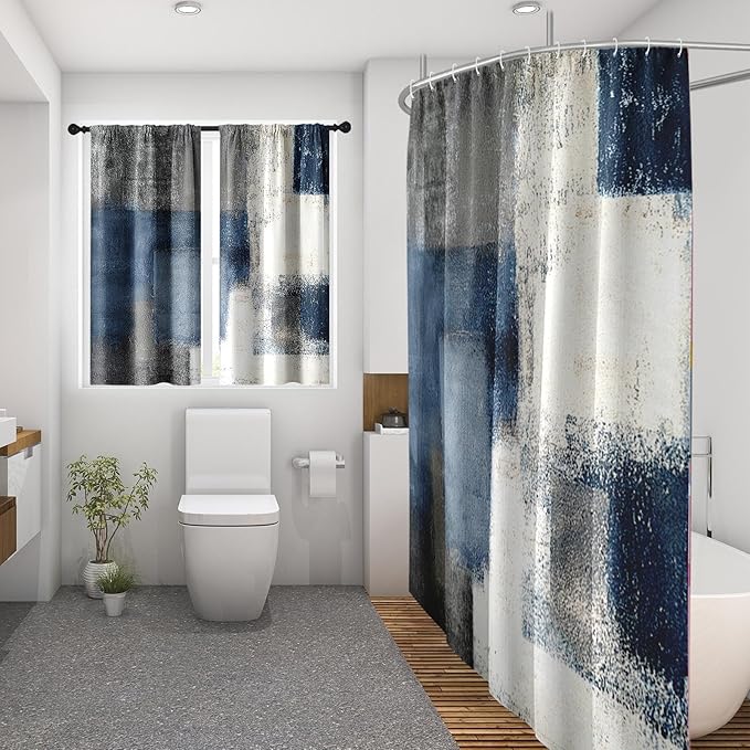 Culudea Navy Blue Grey Painting Shower Curtain Set, Gray Contemporary Modern Abstract Bathroom Window Waterproof Shower Curtain Set for Bathroom Decor