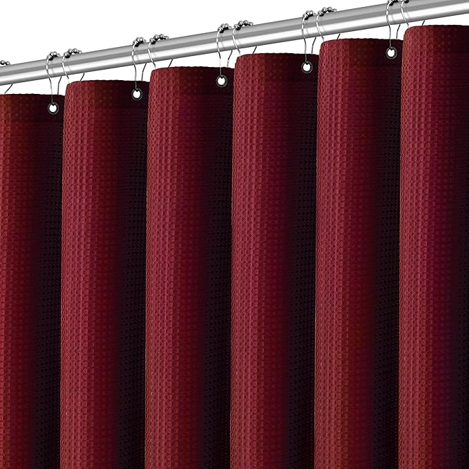 PANGSINNE Long Burgundy Fabric Shower Curtain - Waffle Textured Tall Heavy Duty Cloth Shower Curtains for Bathroom, 256GSM Large Hotel Spa Luxury Bath Curtain Set with 12 Hooks(72Wx78H, Burgundy)