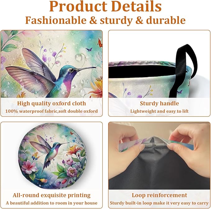 Flower Bird Laundry Basket with Sturdy Handles, Colorful Floral Collapsible Oxford Cloth Laundry Hamper Organizer Basket for Bathroom Bedroom 15.7x20 Inch