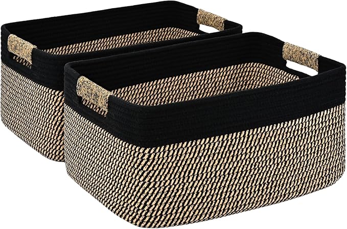2 Pack Large Storage Basket for Organizing, 17.5"x13.5"x7.5" Woven Basket for Shelves, Closet Cube Storage Bins with Wrapped Handle, Cotton Rope Baskets for Kitchen, Clothes, Toys(Black & Brown)