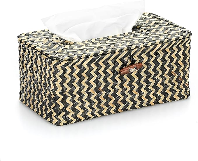 Sumnacon Tissue Box Cover Rectangle Tissue Box Seagrass Tissue Box Holder Woven Tissue Holder Decorative Tissue Cover for Bathroom Tissue Box Cover Rectangular for Home Office Table,Mixed Black