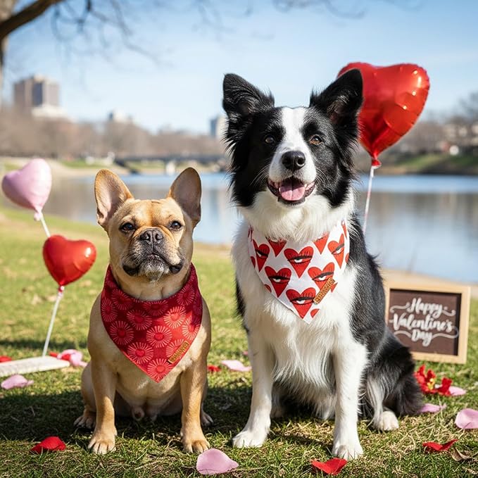 ADOGGYGO Valentines Dog Bandana 2 Pack, Heart Sunburst Eyelash Print Pet Scarf, Durable Fabric, Red Pink Valentine Bandanas for Medium Large Dogs (Large)