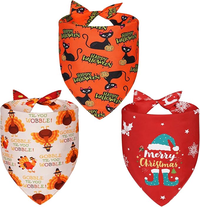 Agroon Halloween Dog Bandanas Thanksgiving and Christmas Scarf Small 3PCS, 6 Pattern Breed for Boy and Girl, Triangle Reversible Bibs for Puppy Pets