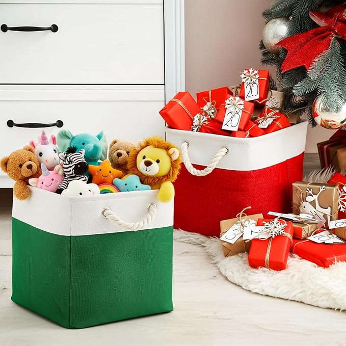Geiserailie 6 Pcs 11 x 11 Inch Cube Storage Bins Fabric Storage Organizer Bins Foldable Cube Baskets with Sturdy Carry Handles Wicker Baskets for Home (Christmas Color)
