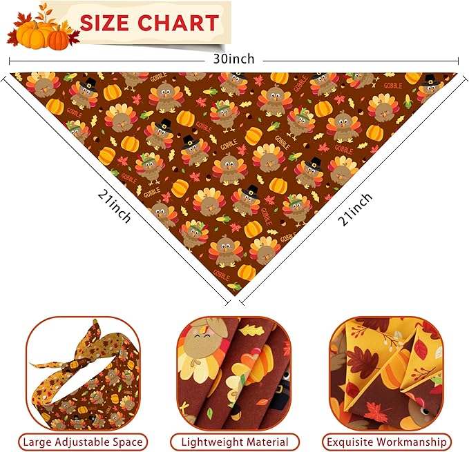 Fall Thanksgiving Dog Bandana Reversible 2 Pack Large, Pumpkin Turkey Leaves Fox Cute Thanksgiving Pet Bandanas for Dogs Adjustable Triangle Holiday Scarves for Medium Large Extra Large Boy Girl Dogs