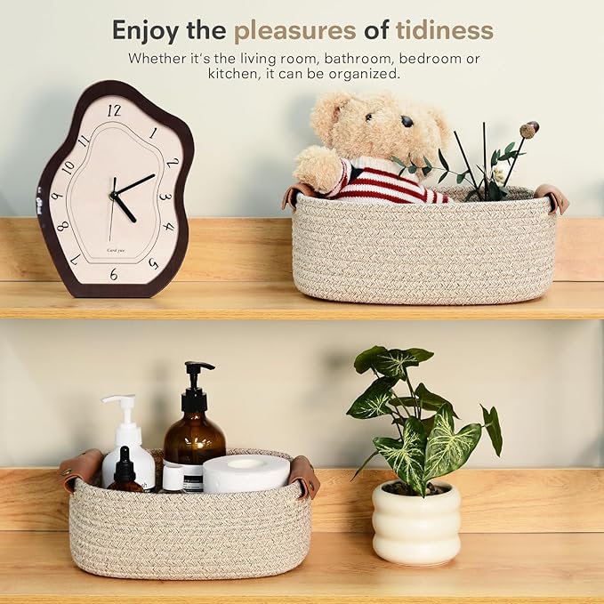 ECDYQXVU 5 Piece Storage Baskets Small Woven Basket with Detachable Leather Handle, Cotton Rope Shelf Baskets for Closet Organizers, Different Sizes Basket Decor, Natural Brown