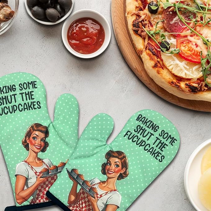2 Pack Funny Oven Mitts for Women, Baking Some Shut The Fucupcakes, Vintage Lady Heat Resistant Kitchen Mitts, Humorous Baking Gifts for Bakers, Birthday Gifts for Mom Wife Sister Friend