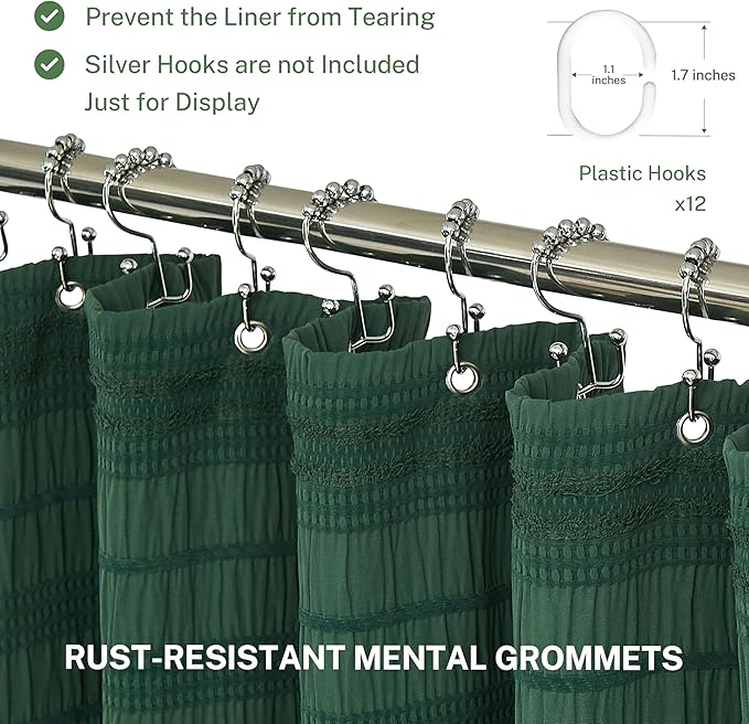 Siiluminisoy Dark Green Boho Shower Curtain, 72 x72 Cotton Blend Tufted Fabric Waffle Textured Farmhouse Shabby Chic Rustic Minimalist Striped for Bathroom, Hotel