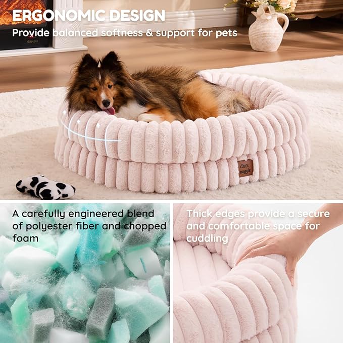 ChiXnuggle Dog Bed Medium Sized Dog - Luxury Striped Faux Fur Waterproof Pet Couch with Removable Washable Cover, Orthopedic Pet Bed with Bolster Sides for Sleeping, Pink