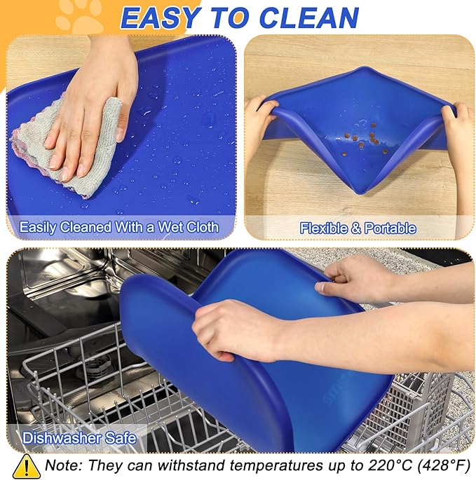SMILOOL Silicone Pet Feeding Mat with Raised Edge for Food and Water, Dog Bowl Mats, Cat Bowls Placemat with High Lip for Floor Waterproof, Rubber Tray for Cats and Dogs 19 x 12 x0.7 Navy Blue