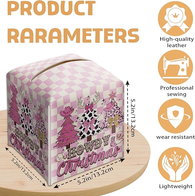 Howdy Christmas Tissue Box Holder, Pink Checkered Cowgirl Western Christmas Trees Leather Tissue Box Cover Square, Paper Facial Decorative Tissues Cover for Bathroom Office Home Decor-B07