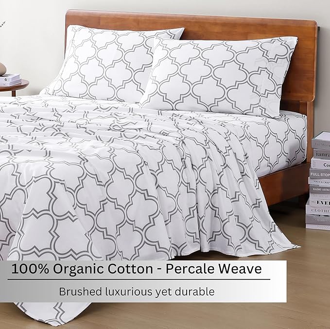 LANE LINEN 100% Organic Cotton Printed California King Sheets Set, 4-Piece Soft & Comfy Sustainably Produced Oeko-Tex Certified All Season Naturally Cooling Cal King Sheets - Trellis Silver