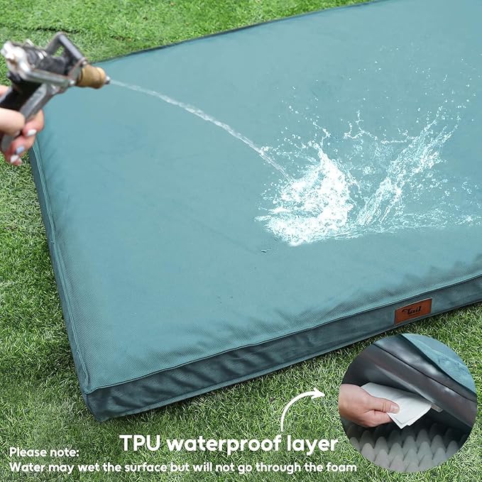 Tail Stories Outdoor Orthopedic Dog Bed, Waterproof Dog Bed for Large Dogs 36x27 Inch, Egg Crate Foam Pet Mat with Washable Removable Oxford Cooling Cover, Light Blue