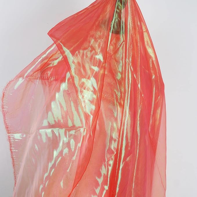 Sheer Iridescent Organza Fabric 58 Inches Wide - 5 Yards Precut - Shinny Wedding Party Decor Fairy Costume Voile Doll Clothes Sewing - Coral Red