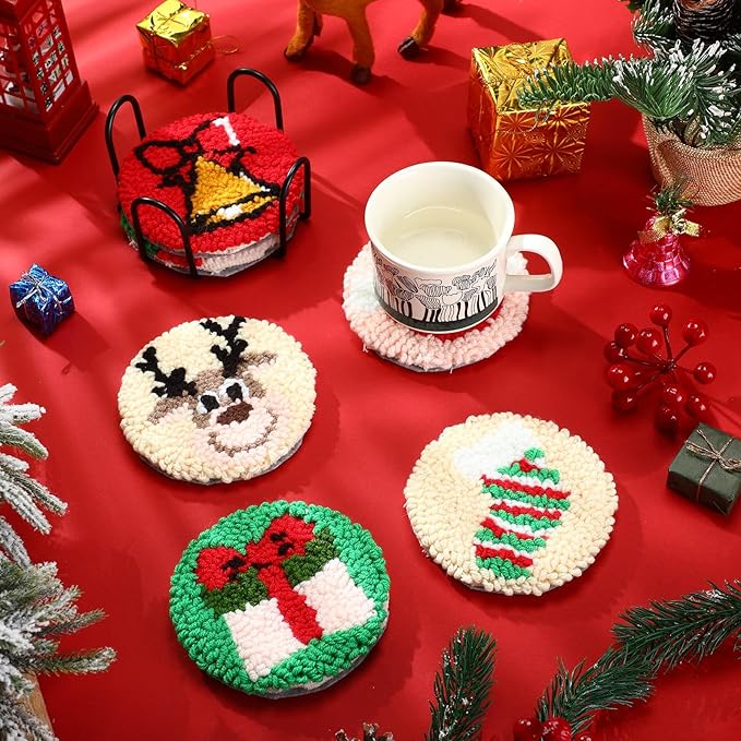 Yaomiao 6 Pcs Christmas Punch Needle Coaster Kit Punch Needle Embroidery Kits Craft Supplies with Patterns Yarns Tools Adhesive Felt Embroidery Hoop Instruction Holder for Adult DIY