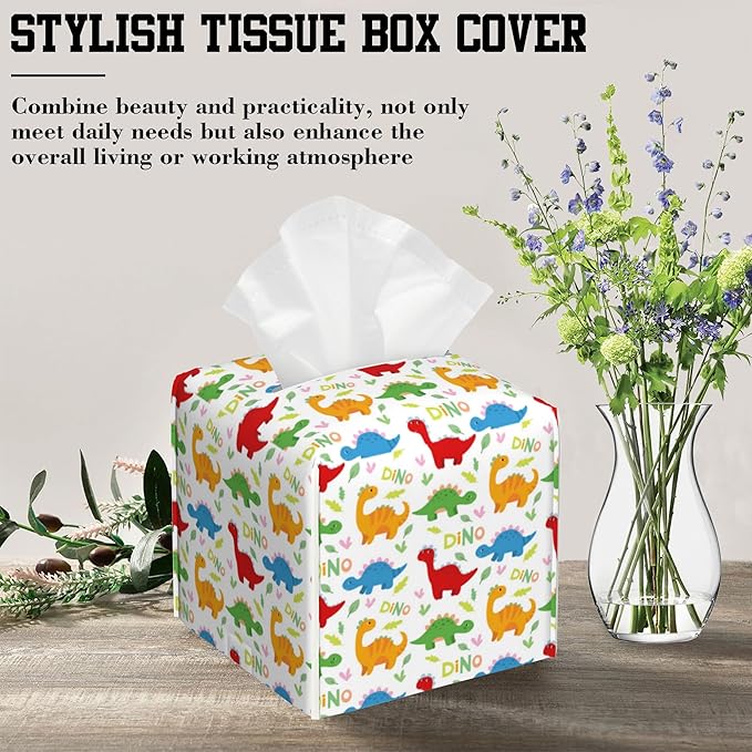 OHEGBXE Tissue Box Holder Cute Dinosaur Square Leather Tissue Box Cover Modern Cube Facial Paper Cover Case for Bathroom Vanity Countertop Night Stands Tabletop