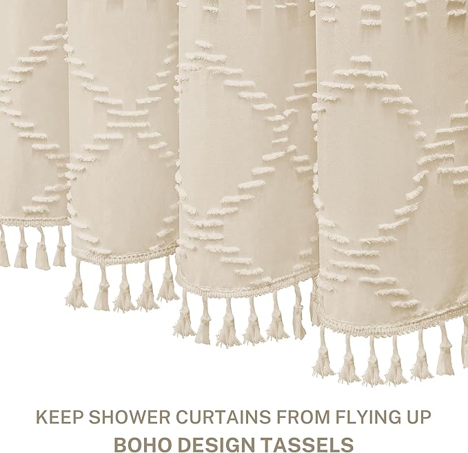 Siiluminisoy Extra Long Boho Farmhouse Shower Curtain Woven Fabric Beige 90 Inch Shower Curtain, 72 x 90 Tufted Chevron Textured Striped Modern Minimalist Cloth Shower Curtain for Bathroom