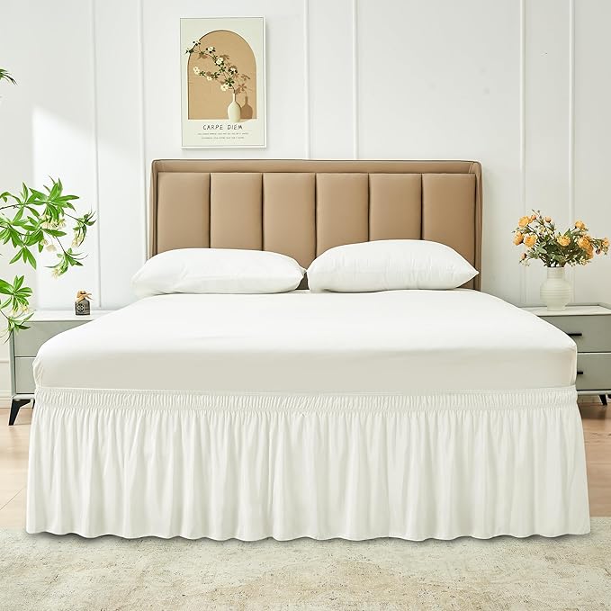 Biscaynebay Wrap Around Bed Skirts for Full & Full XL Beds Short Drop of 12", Ivory Adjustable Elastic Dust Ruffles Easy Fit Wrinkle Resistant Silky Luxurious Fabric Machine Washable