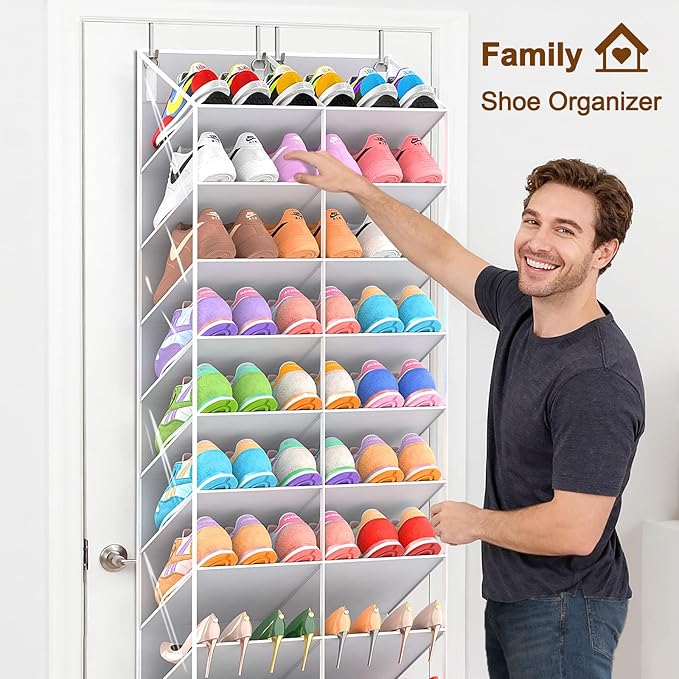 UVIAHOMI 30 Pairs Over the Door Shoe Organizer, Clear Pockets Hanging Shoe Storage for Closet, 10-Tier Door Shoes Rack Storage Fit All the Family's Sneakers, Boots, Heels, Light Grey