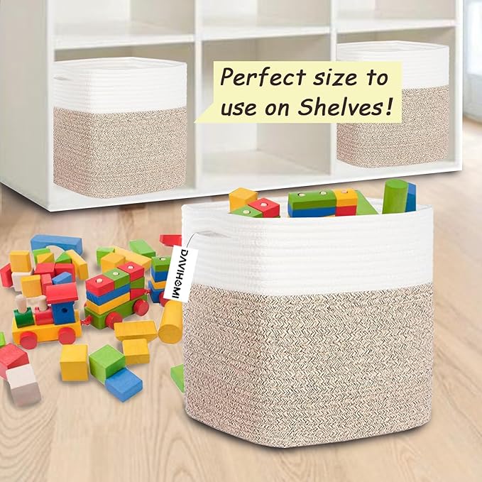 DAVIHOMI Storage Cubes 11 Inch Cotton Rope Woven Storage Basket for Organizing 3 Pack | Storage Bins for Organization and Storage | Toy Storage Organizer | Basket for Shelves | Toy Bins（Brown）