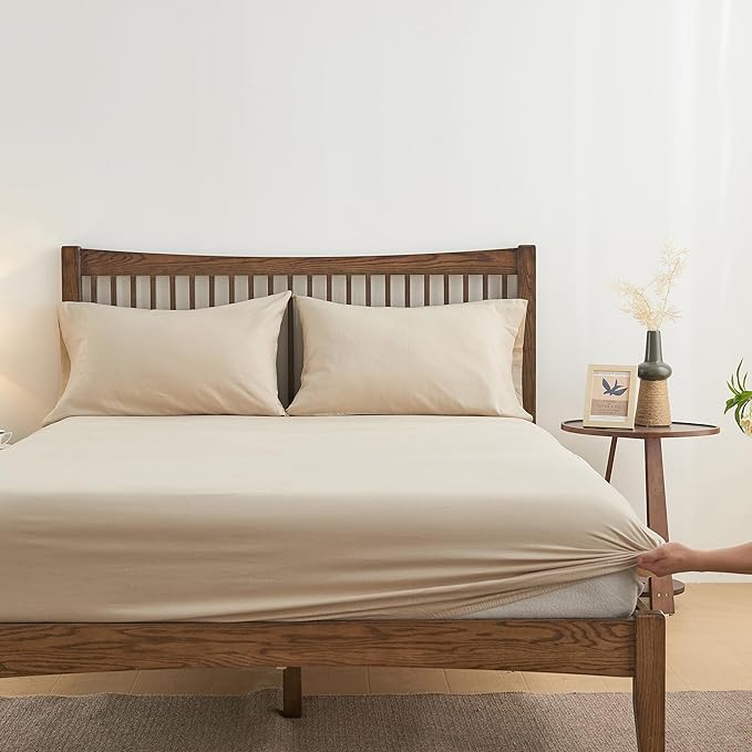 Simple&Opulence Belgian Linen Sheet Set Solid Color - 4 Pieces (1 Flat Sheet, 1 Fitted Sheet & 2 Pillowcases) Natural Flax Cotton Blend Soft Breathable Farmhouse Bedding - Full Size, Linen/Beige