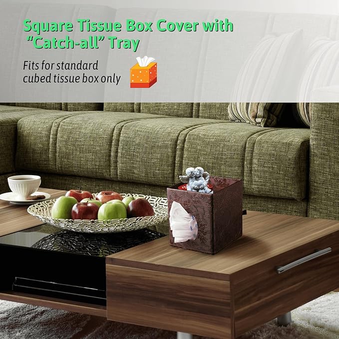 Lorteme Tissue Box Cover, PU Leather Square Tissue Box Holder with Upper Storage Tray for Bathroom/Countertop/Nightstand/Office Table - Antique