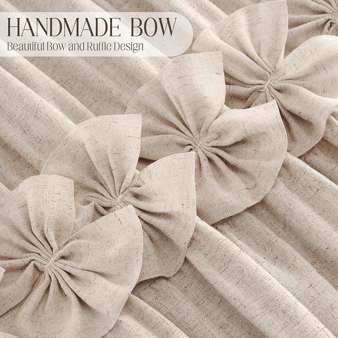 XOGUIBO Ruffle Shower Curtain with Handmade Bow Tie, Beige Linen Vintage Farmhouse Shower Curtain for Bathroom, 72" W x 72" H
