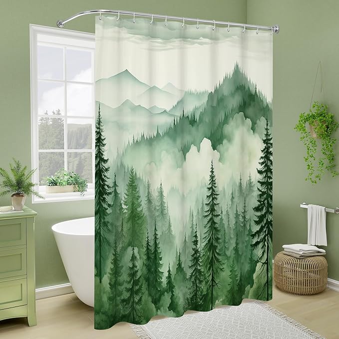 Litabel Green Misty Pine Forest Shower Curtain, Mountain Foggy Woodland Scenery Tree Shower Curtains for Chic Rustic Bathroom, Abstract Modern Waterproof Nature-Themed Decor, 72x72 Inches