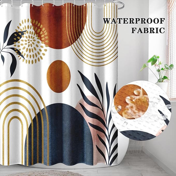 Culudea Boho Geometric Leaf Shower Curtain Set, Mid Century Sun Bohemian Bathroom Window Waffle Textured Cloth Waterproof Shower Curtains for Bathroom Decor