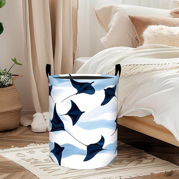 ainori Cute Stingray Laundry Basket, Oxford Cloth Minimalist Modern Dirty Clothes Collapsible Hamper for Room Decor, Ocean Manta Ray Print Gifts Toy Organizer 19.7*15.8 Inch for Bedroom Bathroom Dorm