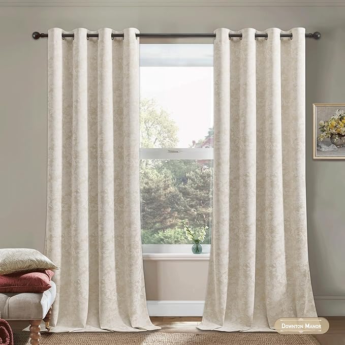 Beauoop Beige Floral Jacquard Blackout Curtains 72 Inches Long 2 Panels for Bedroom Living Room Taupe Flower Chenille Room Darkening Thermal Insulated Soundproof Grommet Window Treatments Drapes 52x72